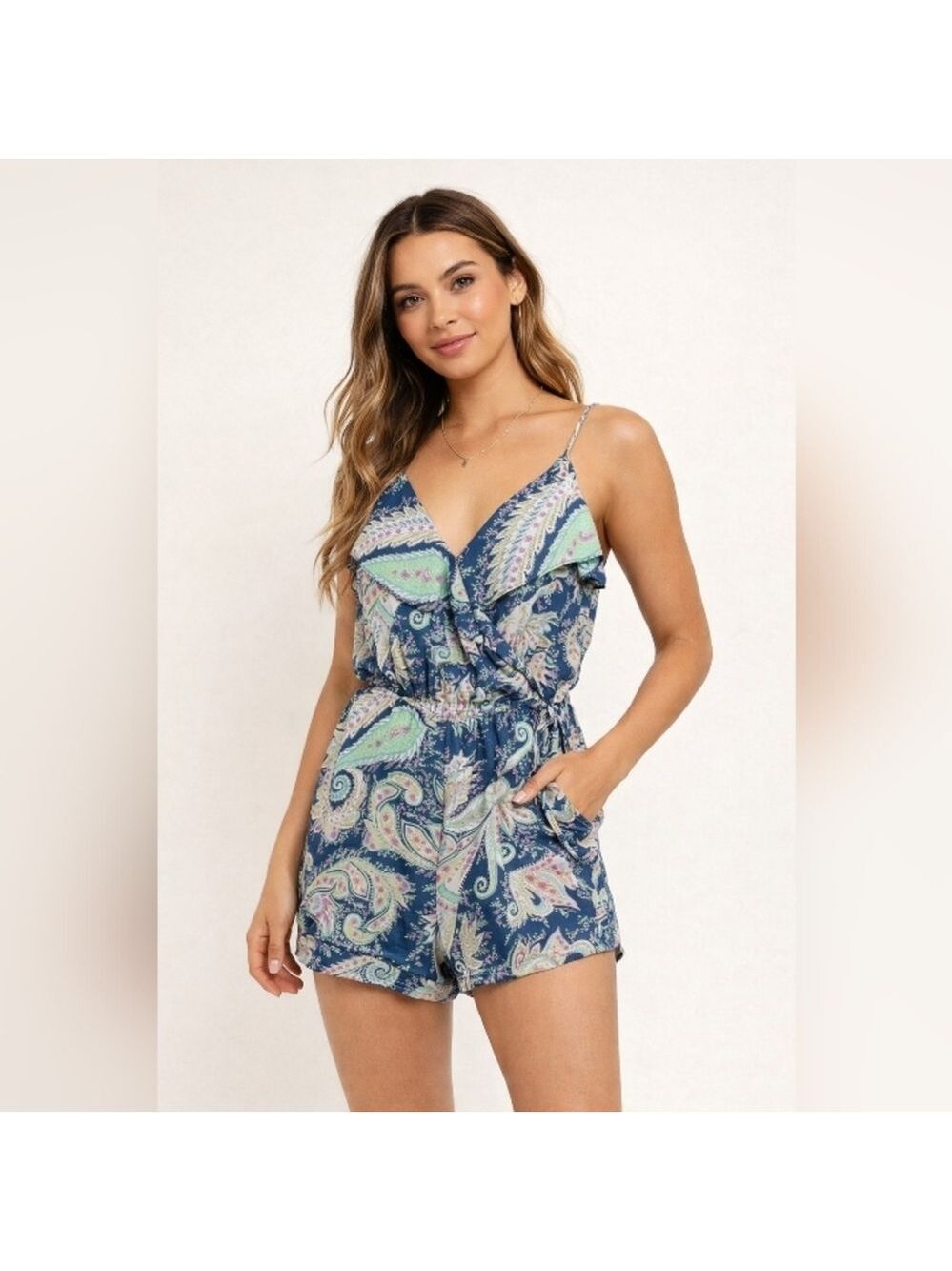 American Eagle Teal Paisley Print Surplice Spaghetti Strap Shorts Romper Size XS
